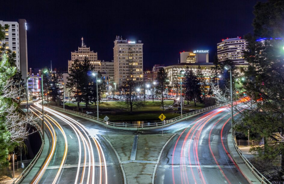 Downtown Spokane, Washington at nighttime